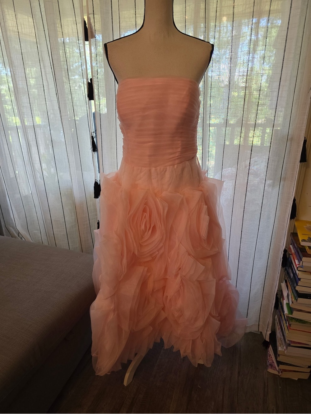 Strapless Peach Maxi Dress with Rosette Skirt